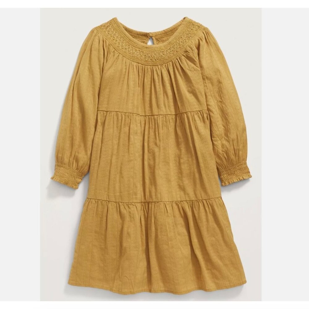 Old Navy Sunflower Gold Long-Sleeve Tiered Textured-Dobby Dress for Girls NWT